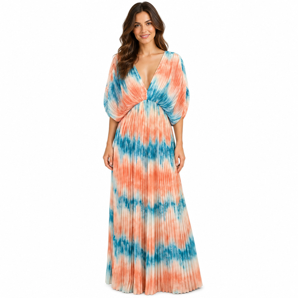 Vici Pleated Peach Blue Dolman Sleeve V-Neck Maxi Dress Chiffon Lined sz Small